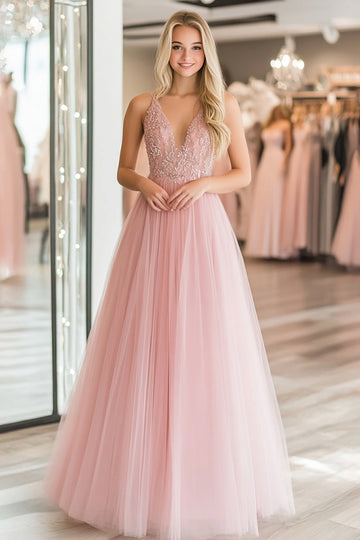 Une ligne dentelle appliques tulle rose col V profond robe de bal